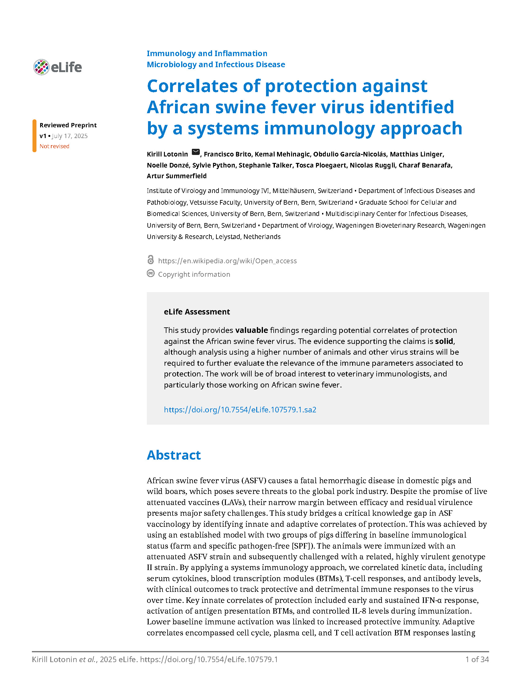 ASFaVIP scientific publications - Correlates of protection against African swine fever virus identified by a systems immunology approach_Page_01